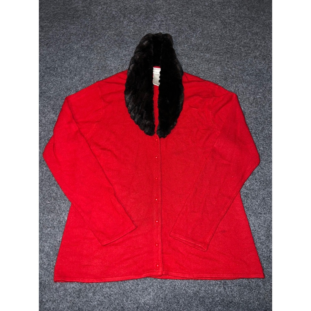 Vintage Designers Originals Red Cardigan Faux Fur Collar Button Front Size L